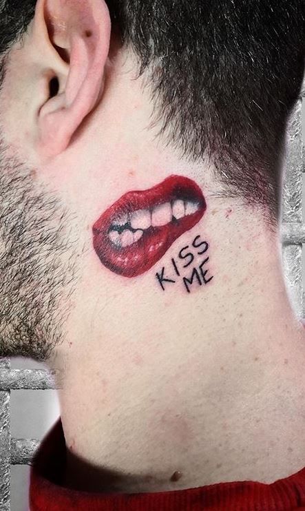 Kiss me with lips bitting Tattoo on side Neck