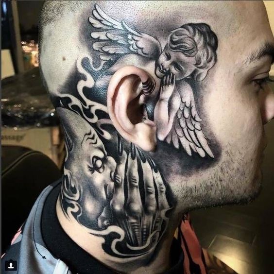 Angel Gangster side neck tattoos for guys