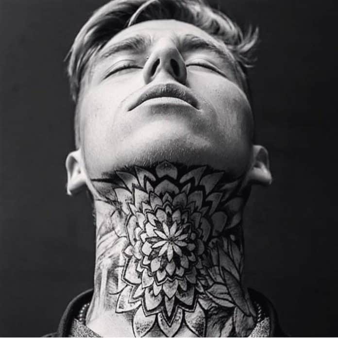 Gangster Tattoo with flowers covering whole neck