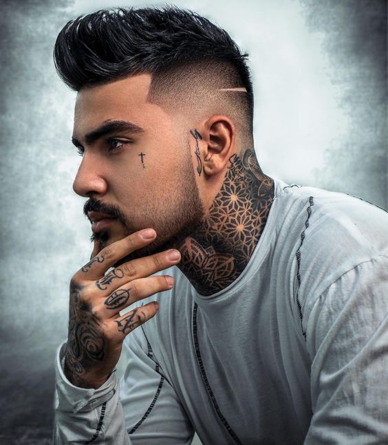 Patchwork Gangster side neck tattoos for guys