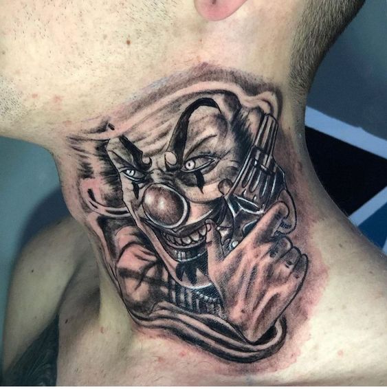 Clown with Gun Gangsta Neck Tattoo
