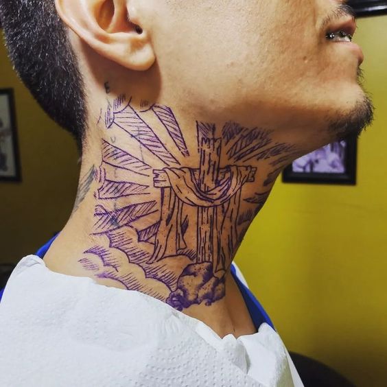 Cross Gangster side neck tattoos for guys