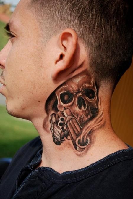 Hood gangsta neck tattoo designs with skeleton and gun