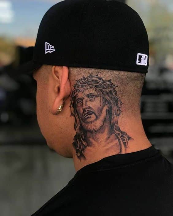 San judas face tattoo on side Neck for Gangster Look