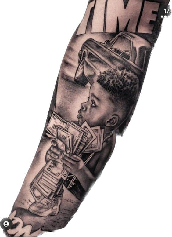 Boy holding money Gangster Hood forearm tattoos