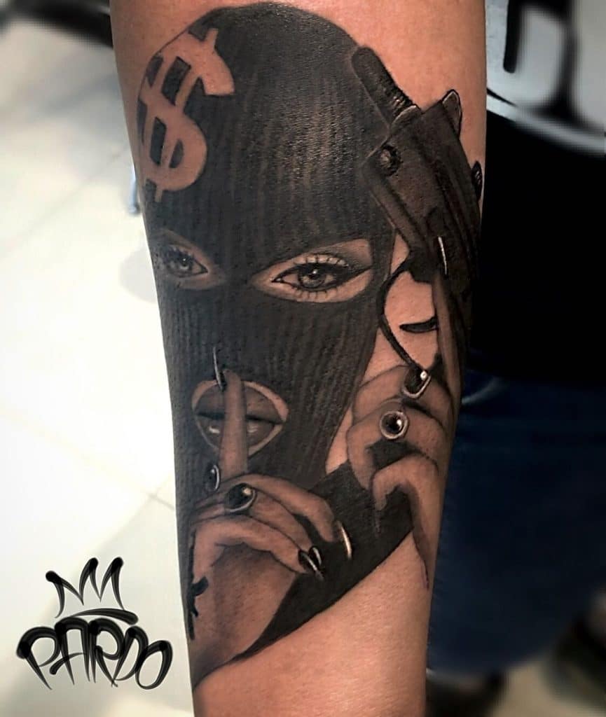 Masked Girl with Gun, Gangster hood forearm tattoos