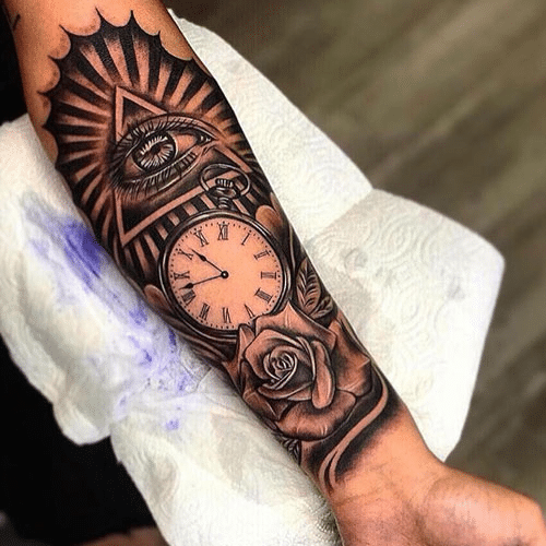 Eye and the clock Gangsta Hood Forarms Tattoo Design
