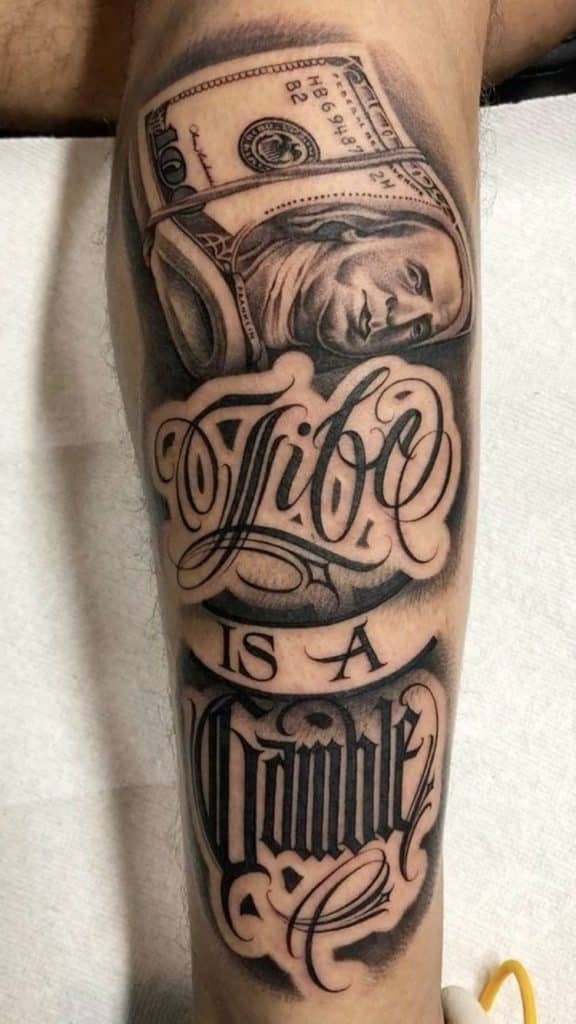 Life is a Gamble Gangster hood forearm tattoos
