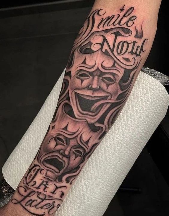 Smile Now, Cry Later Gangster hood forearm tattoos