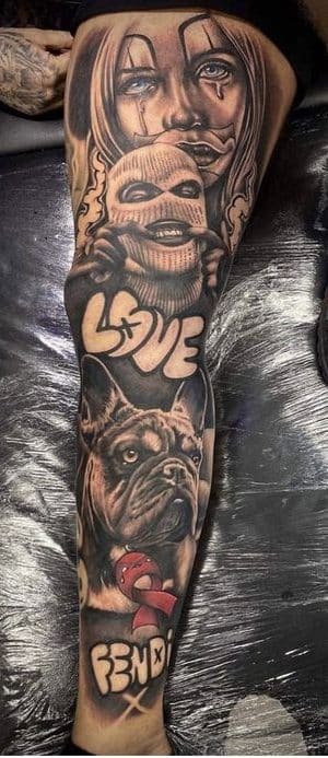 Love Gangster hood forearm tattoos