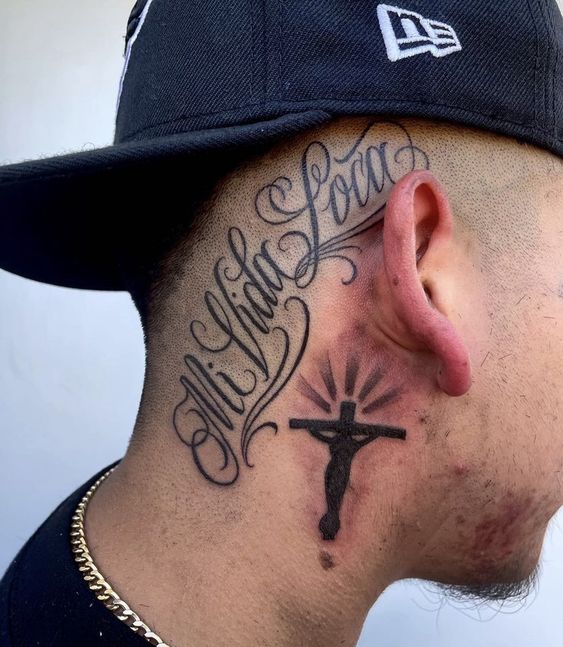 Christian design Behind ear tattoo for men