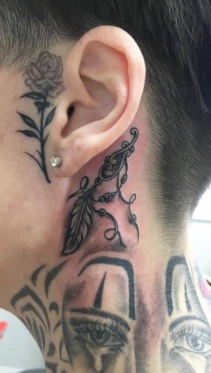 Floral Design behind ear tattoo for men