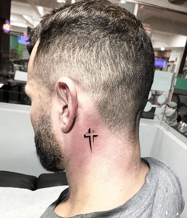 3d cross tattoo behind the ear to neck 