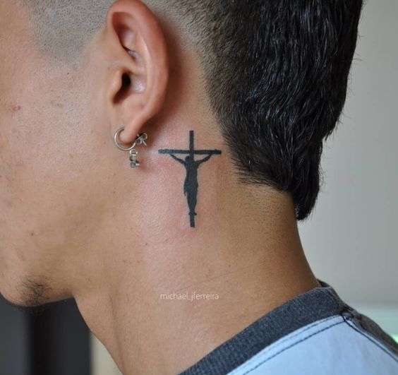 Jessus on Cross Behind ear tattoo for men