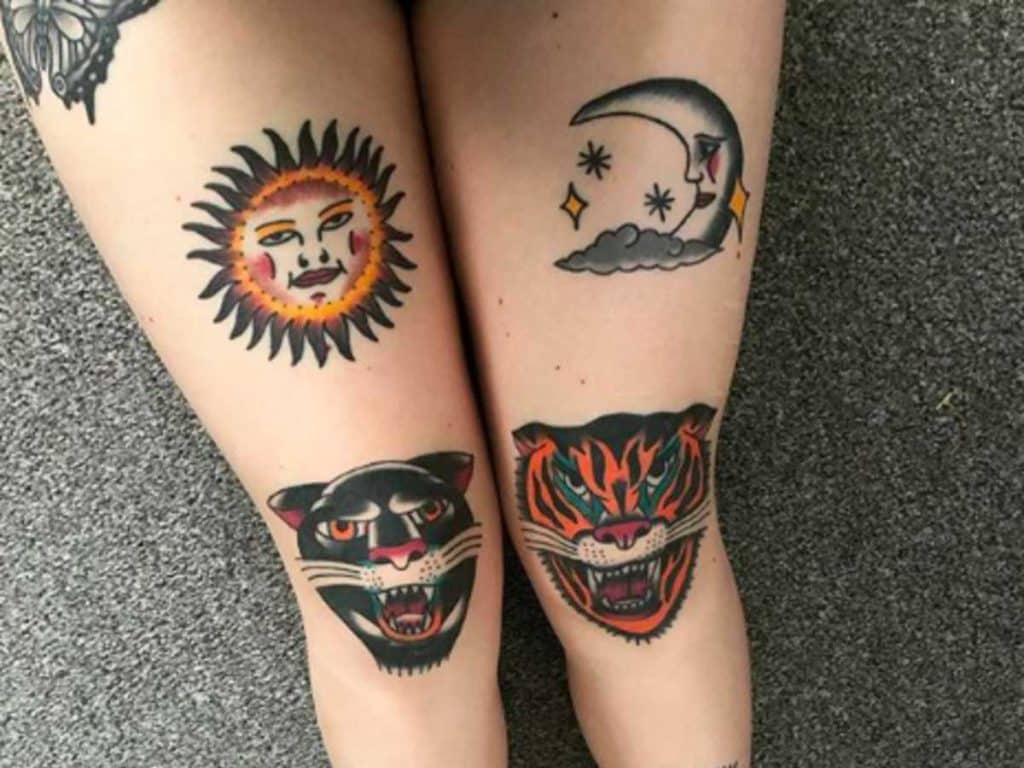 Sun and Moon Above Knee Tattoo design