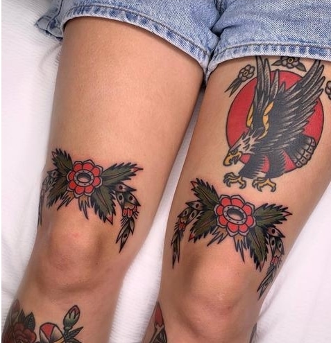 color full Flower Above Knee Tattoo design
