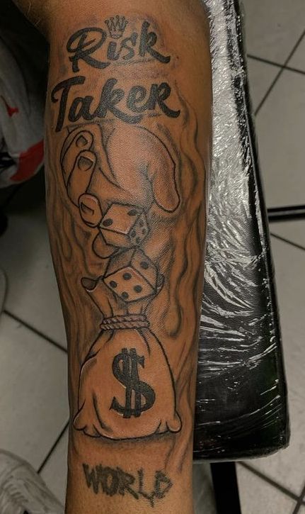 RISK tAKER forearm tattoos Gangster hood Style