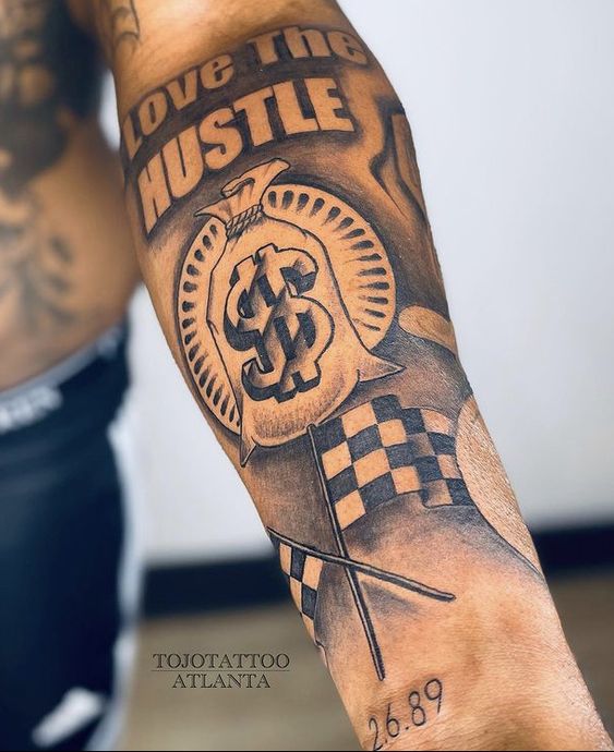 Love the Hustle Gangster hood forearm tattoos