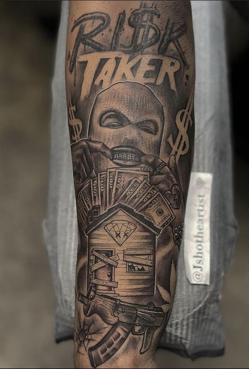 Risk Taker Gangster hood forearm tattoos