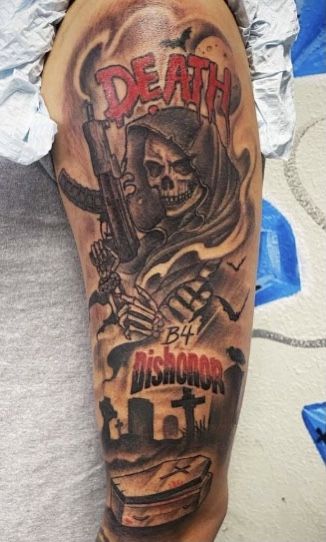 Death Gangster Hood forearm tattoos