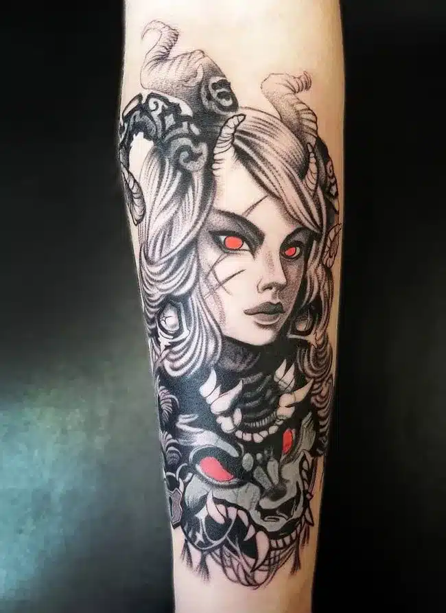 Red eyes Succubus Tattoo on arms