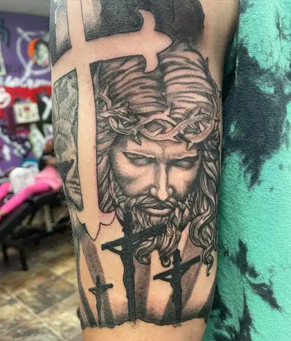 3 cross tattoo Above knee