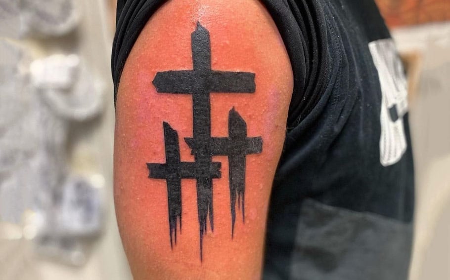 3 Cross Tattoo down the shoulder