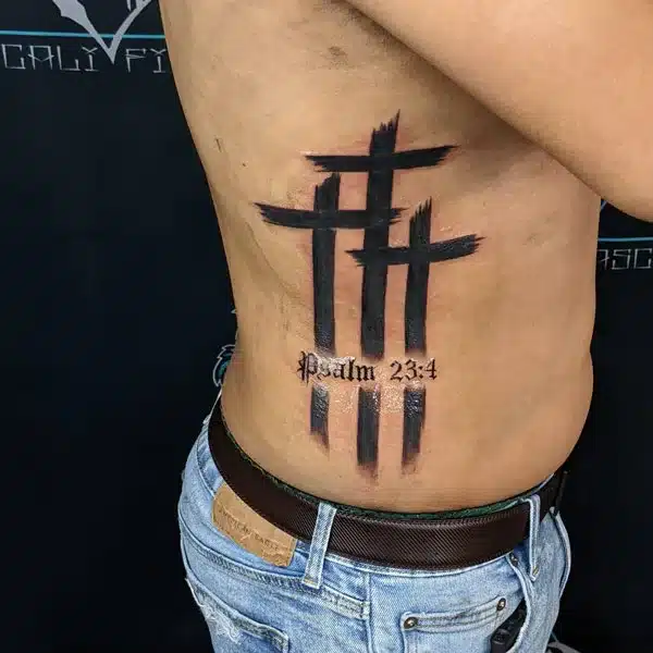 3 Cross Tattoo Psalm 23:4 on a side belly
