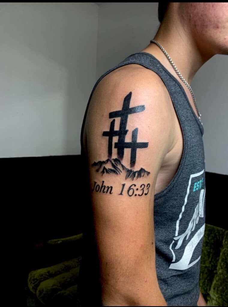 3 Cross Tattoo faith Verse John 16:33