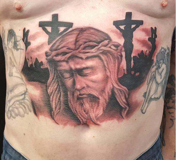 3 Cross Tattoo sign of sacrifice: on belly