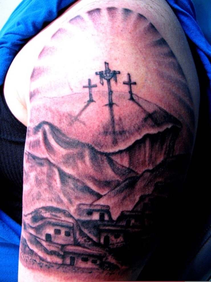 Rise and 3 Cross Tattoo 