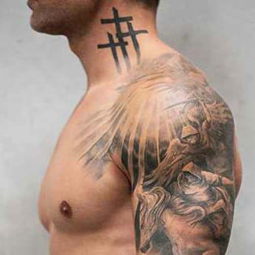 3 Cross tattoo on muscle men neck