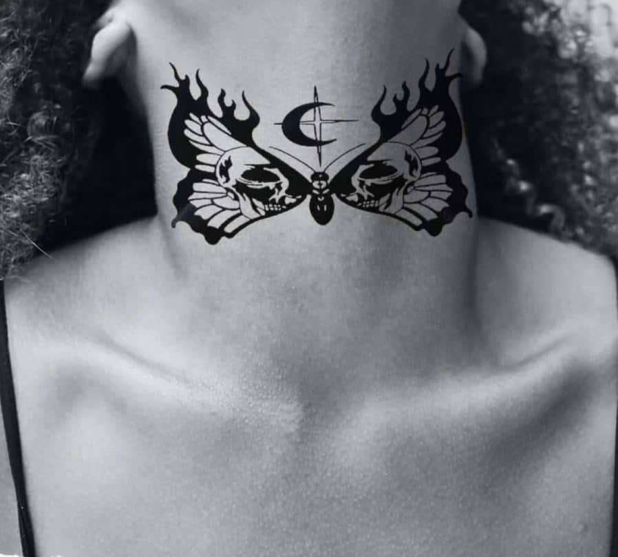 butterfly Tattoo on girl neck with star and moon