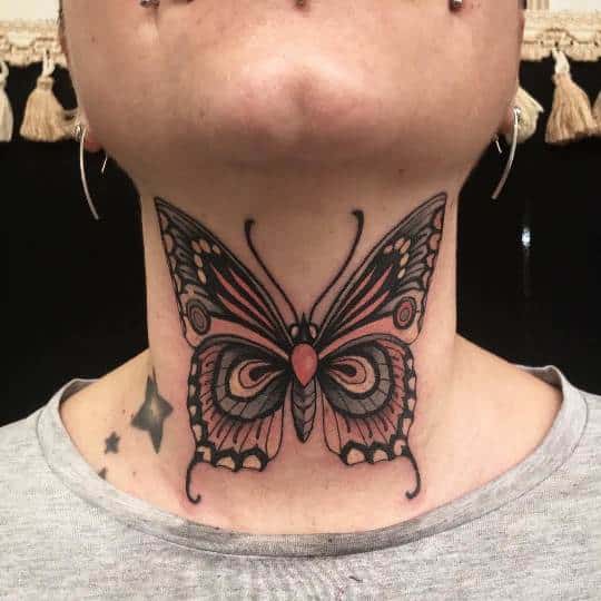 Big colourful butterfly Tattoo on neck