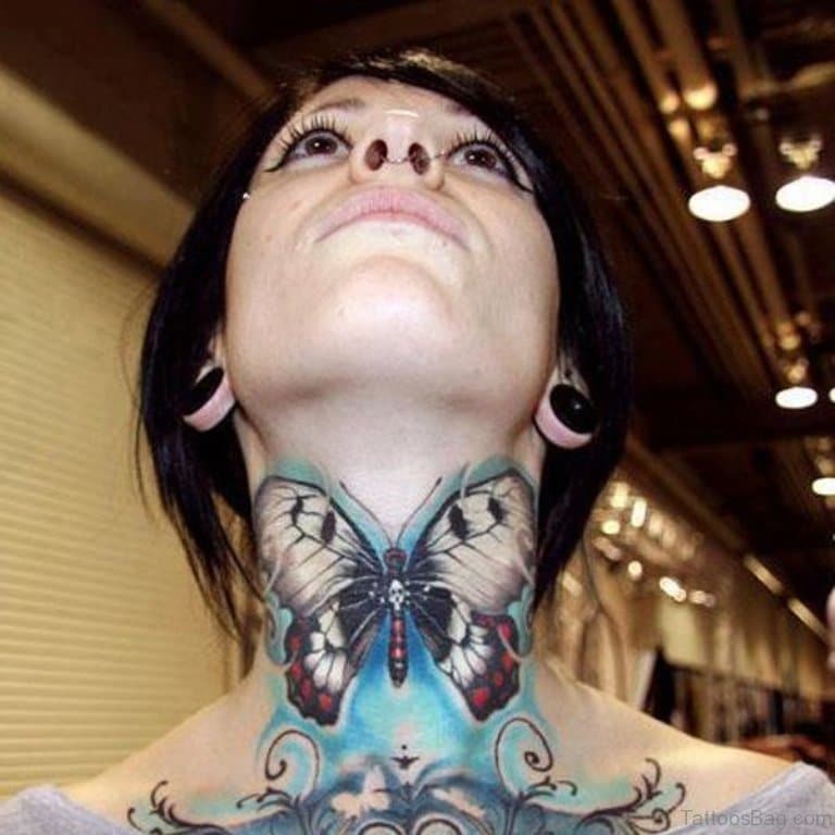 Colourfull butterfly Tattoo on neck