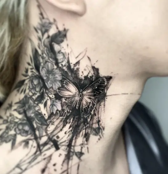 Realistic Butterfly tattoo on neck
