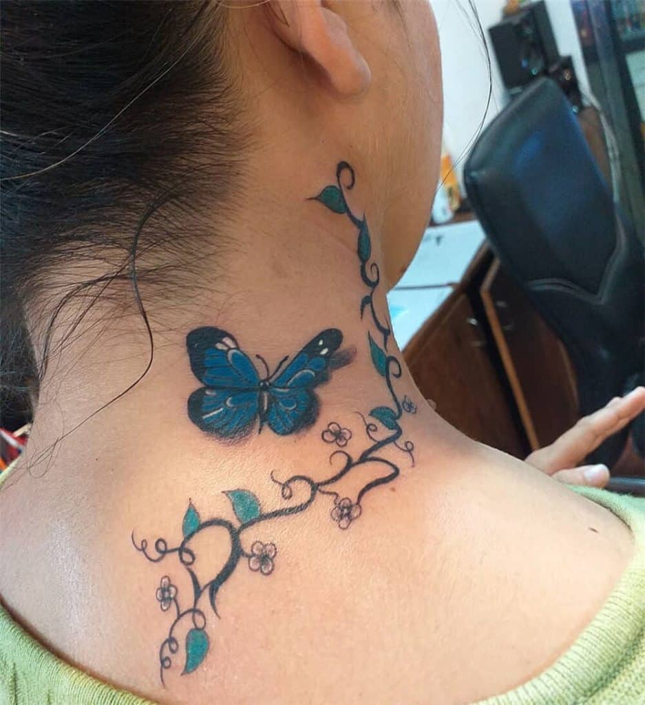Blue Butterfly Neck Tattoo flower bail