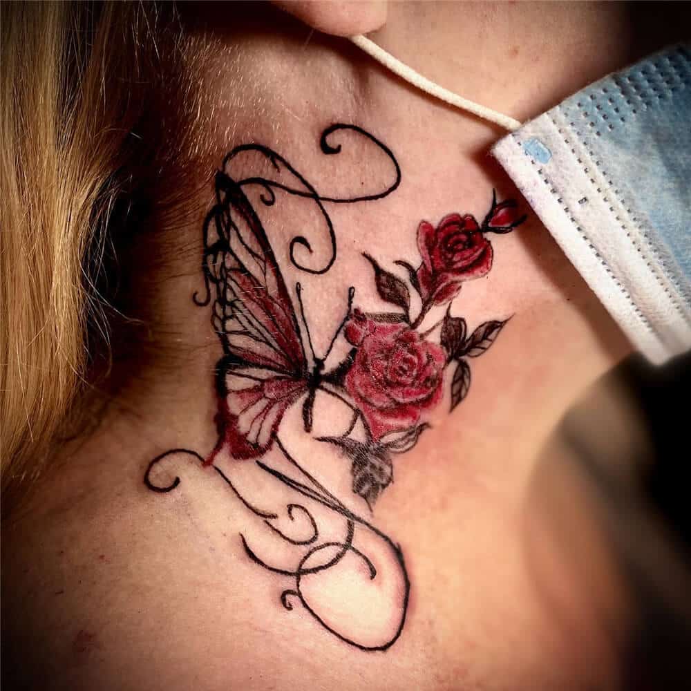 Butterfly Neck Tattoo with flower, Girl covering her face with mask