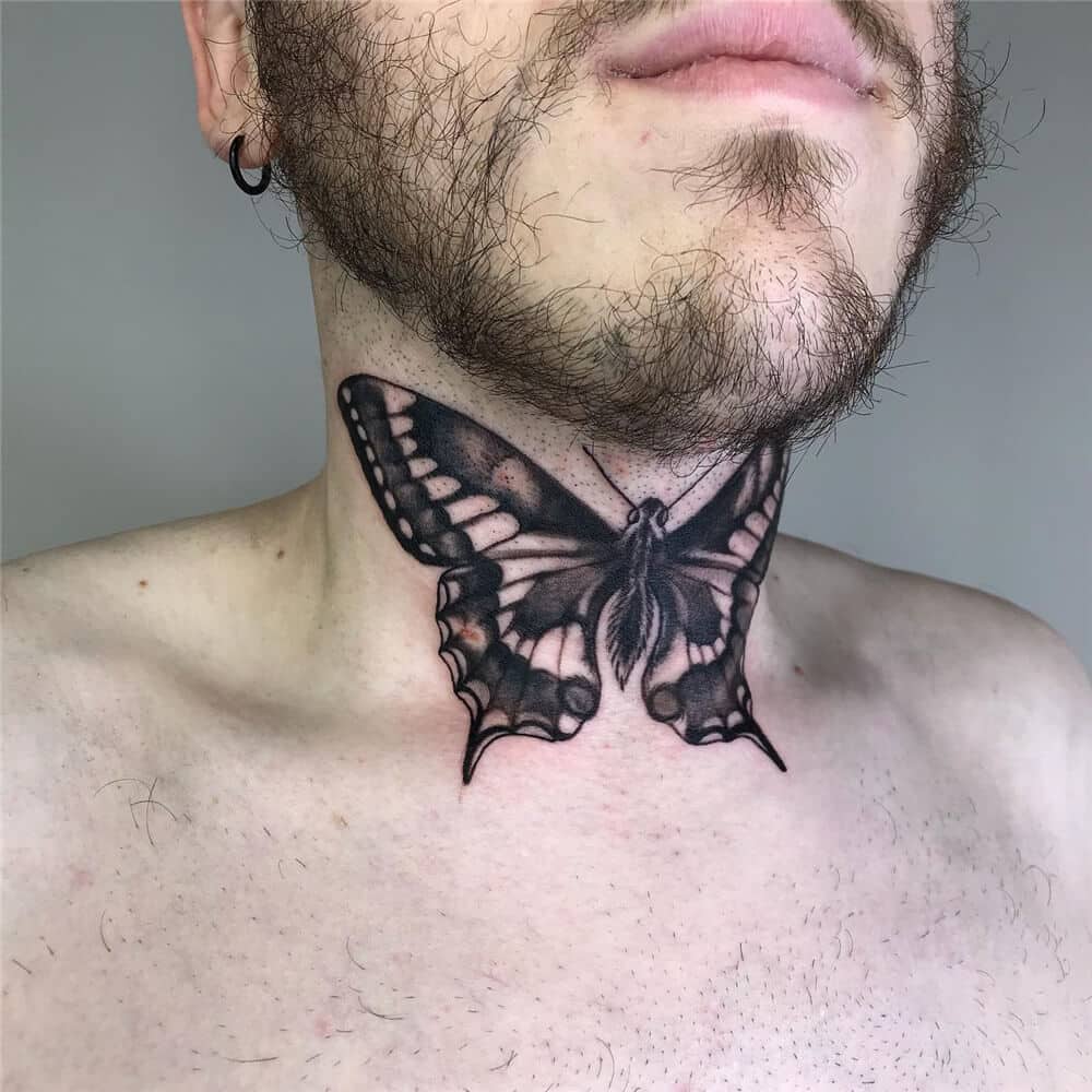 Men got a big Butterfly Tattoo on neck