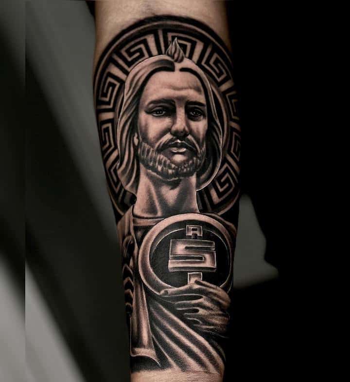 San Judas Tattoo on Forearm with Dollar sign