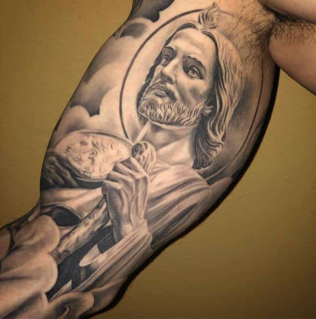 San Judas Tattoo on Bicep
