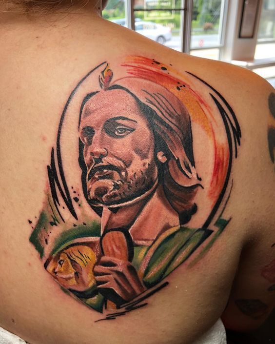 Big Colourful San Judas Tattoo on Back