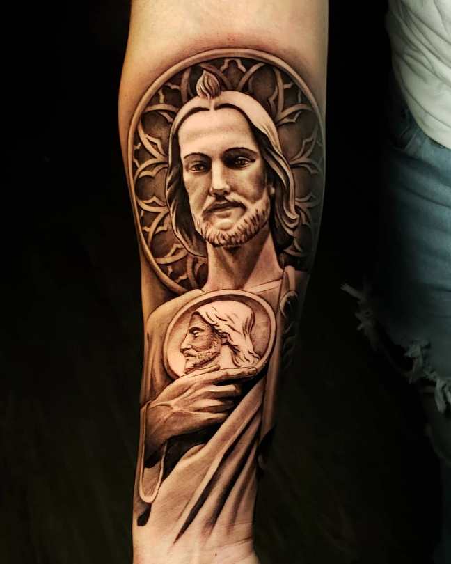Stencil design of San Judas Tattoo on Forearm