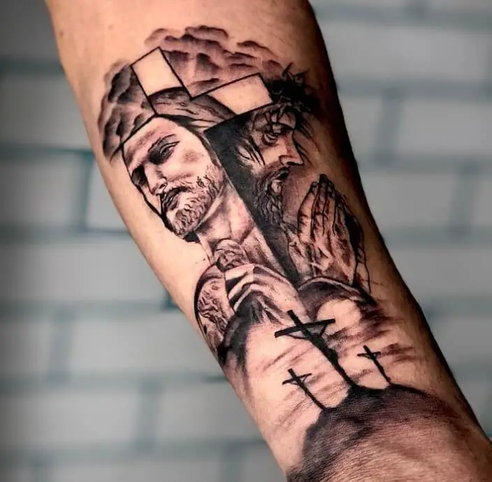San Judas Tattoo on forearm with 3cross on WRIST