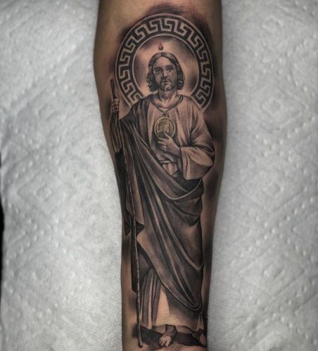 Forearm cover with San Judas Tattoo