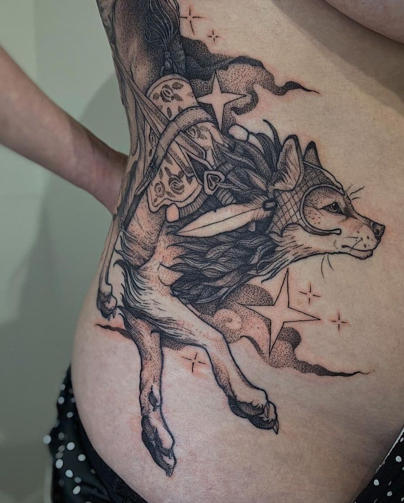 Big Wolf tattoo on Side belly for Girl