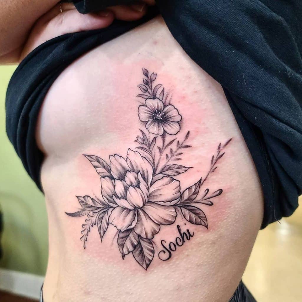flower with name for side belly tattoo for girls