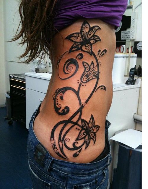 flower style for side belly tattoo for girls