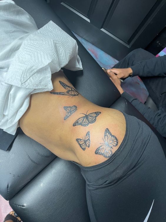 Black & White butterflies side belly tattoo for girls