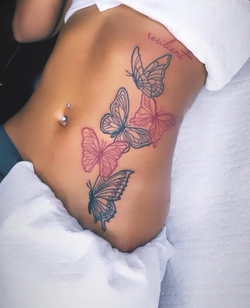 Black and red Butterfly Side belly tattoo for girls